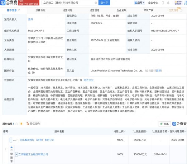 芒果配资 立讯精密在安徽滁州成立科技新公司